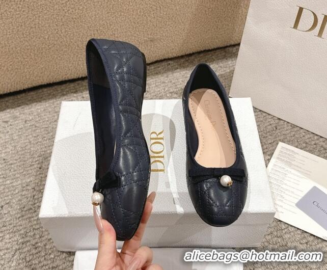 Pretty Style Dior Ballet Flat in Quilted Cannage Calfskin with Pearl Bow Dark Blue 1231094