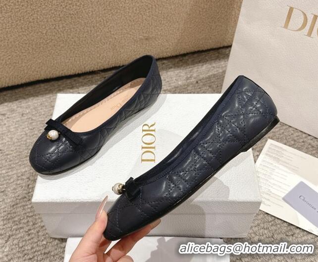 Pretty Style Dior Ballet Flat in Quilted Cannage Calfskin with Pearl Bow Dark Blue 1231094