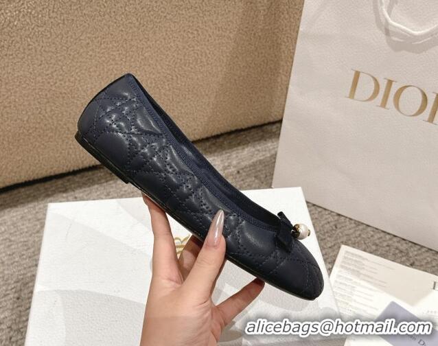 Pretty Style Dior Ballet Flat in Quilted Cannage Calfskin with Pearl Bow Dark Blue 1231094