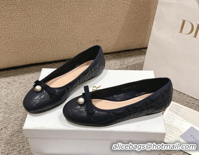 Pretty Style Dior Ballet Flat in Quilted Cannage Calfskin with Pearl Bow Dark Blue 1231094