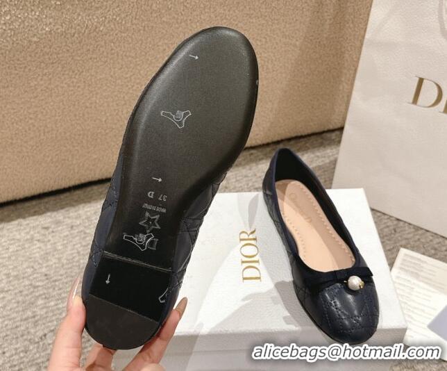 Pretty Style Dior Ballet Flat in Quilted Cannage Calfskin with Pearl Bow Dark Blue 1231094