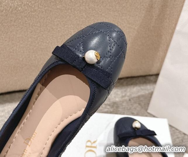 Pretty Style Dior Ballet Flat in Quilted Cannage Calfskin with Pearl Bow Dark Blue 1231094