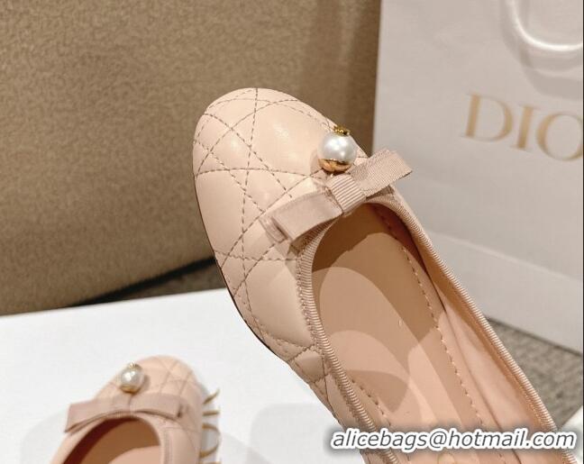 Best Product Dior Ballet Flat in Quilted Cannage Calfskin with Pearl Bow Nude Pink 1231095