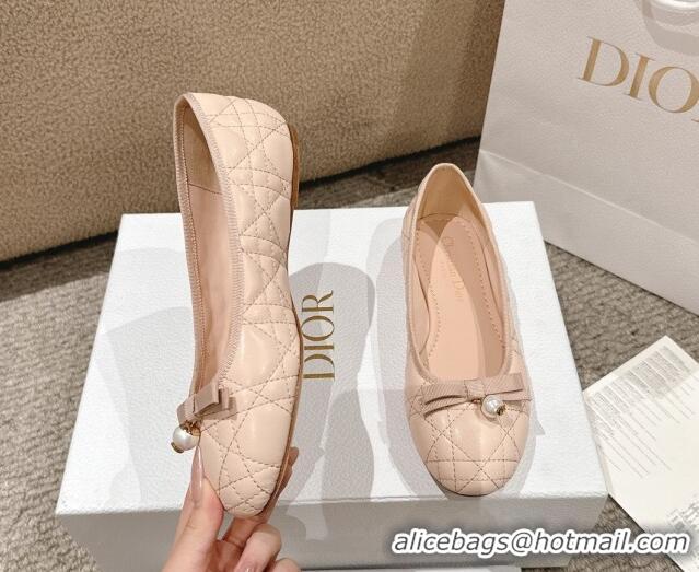 Best Product Dior Ballet Flat in Quilted Cannage Calfskin with Pearl Bow Nude Pink 1231095