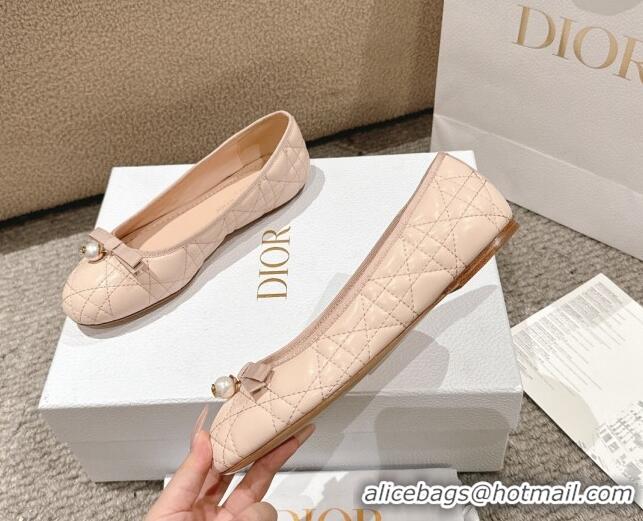 Best Product Dior Ballet Flat in Quilted Cannage Calfskin with Pearl Bow Nude Pink 1231095