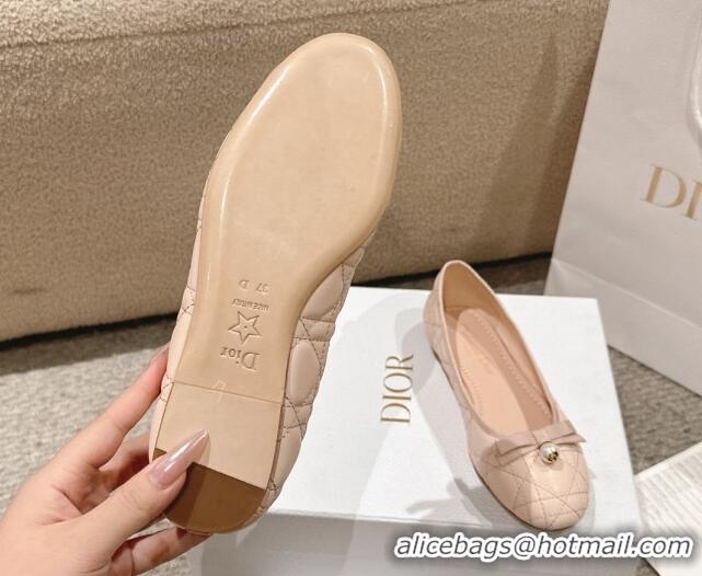 Best Product Dior Ballet Flat in Quilted Cannage Calfskin with Pearl Bow Nude Pink 1231095