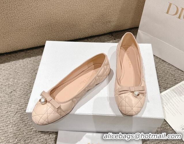 Best Product Dior Ballet Flat in Quilted Cannage Calfskin with Pearl Bow Nude Pink 1231095