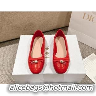 Top Grade Dior Ballet Flat in Quilted Cannage Calfskin with Pearl Bow Red 1231096