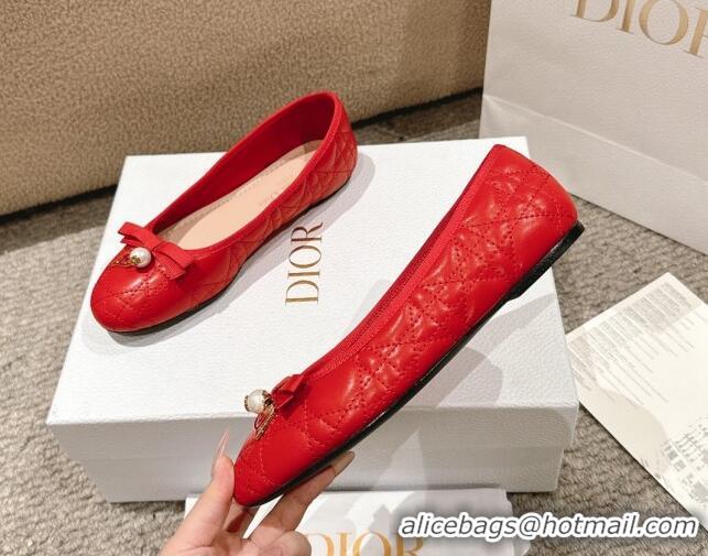 Top Grade Dior Ballet Flat in Quilted Cannage Calfskin with Pearl Bow Red 1231096