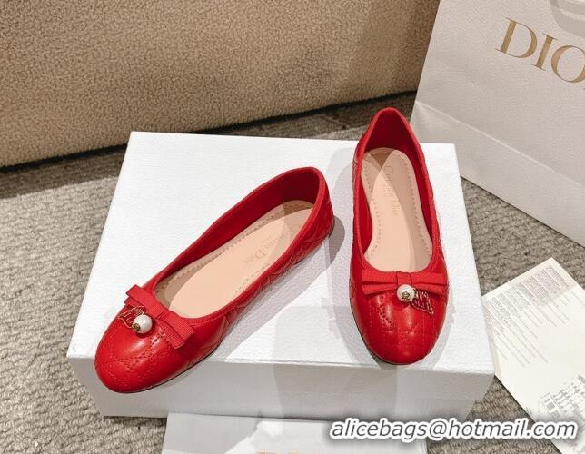 Top Grade Dior Ballet Flat in Quilted Cannage Calfskin with Pearl Bow Red 1231096