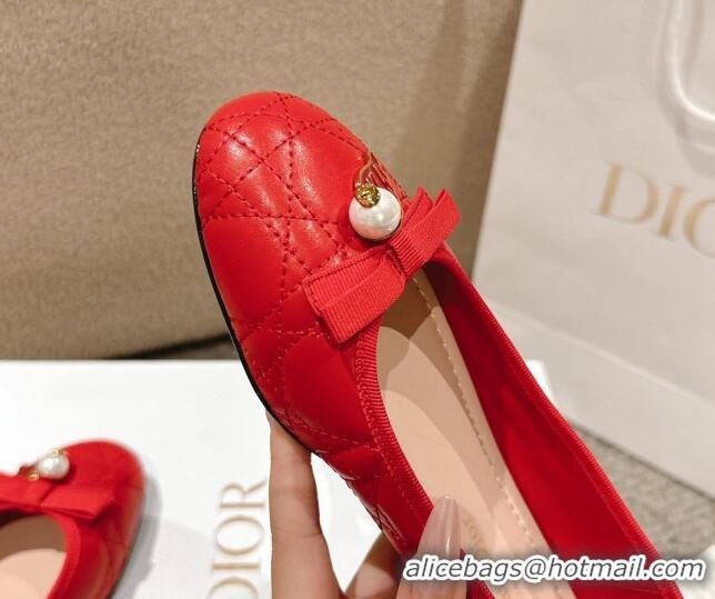 Top Grade Dior Ballet Flat in Quilted Cannage Calfskin with Pearl Bow Red 1231096