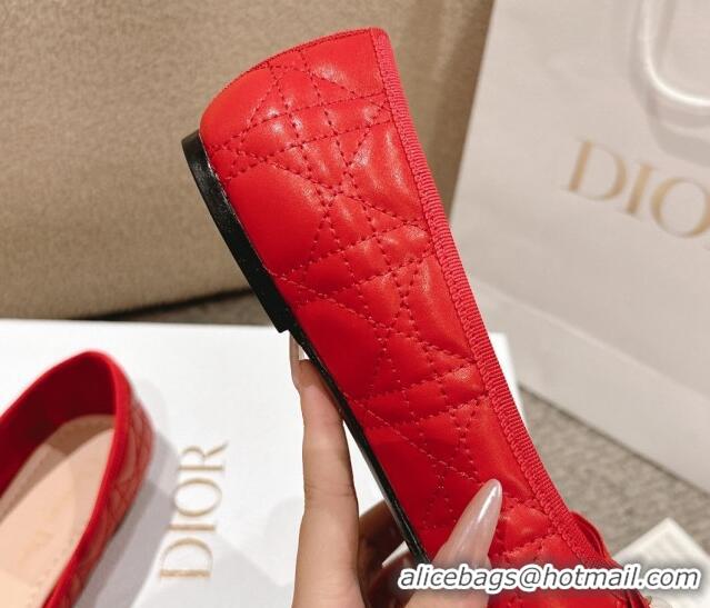 Top Grade Dior Ballet Flat in Quilted Cannage Calfskin with Pearl Bow Red 1231096