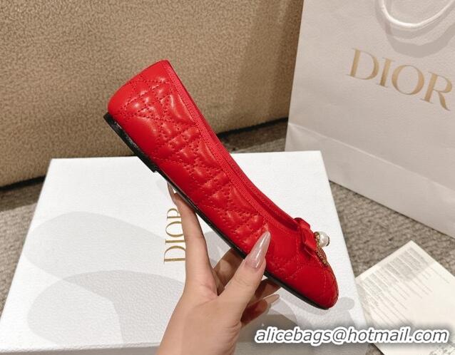 Top Grade Dior Ballet Flat in Quilted Cannage Calfskin with Pearl Bow Red 1231096