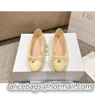 Top Design Dior Ballet Flat in Quilted Cannage Calfskin with Pearl Bow Yellow 1231097