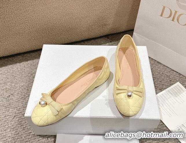 Top Design Dior Ballet Flat in Quilted Cannage Calfskin with Pearl Bow Yellow 1231097