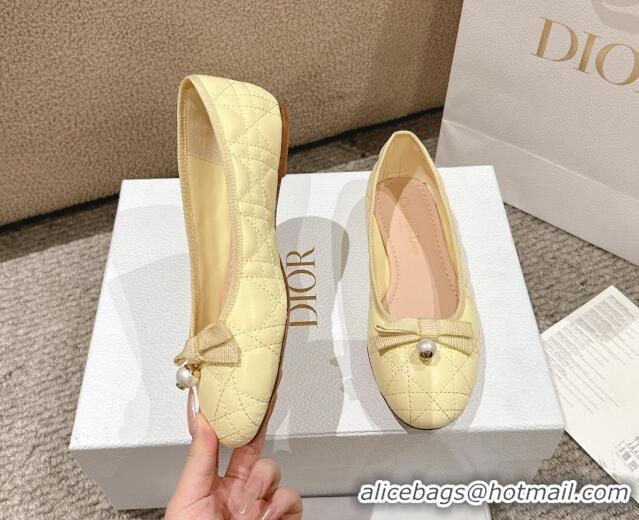 Top Design Dior Ballet Flat in Quilted Cannage Calfskin with Pearl Bow Yellow 1231097