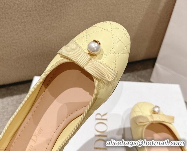 Top Design Dior Ballet Flat in Quilted Cannage Calfskin with Pearl Bow Yellow 1231097