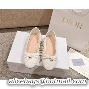 Good Quality Dior Ballet Flat in Quilted Cannage Calfskin with Pearl Bow White 1231098