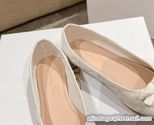 Good Quality Dior Ballet Flat in Quilted Cannage Calfskin with Pearl Bow White 1231098