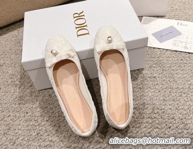 Good Quality Dior Ballet Flat in Quilted Cannage Calfskin with Pearl Bow White 1231098