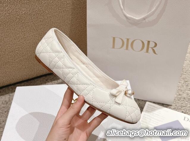 Good Quality Dior Ballet Flat in Quilted Cannage Calfskin with Pearl Bow White 1231098