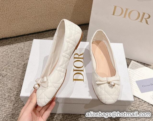 Good Quality Dior Ballet Flat in Quilted Cannage Calfskin with Pearl Bow White 1231098