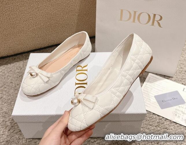 Good Quality Dior Ballet Flat in Quilted Cannage Calfskin with Pearl Bow White 1231098