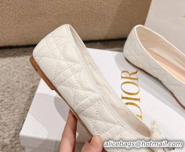 Good Quality Dior Ballet Flat in Quilted Cannage Calfskin with Pearl Bow White 1231098