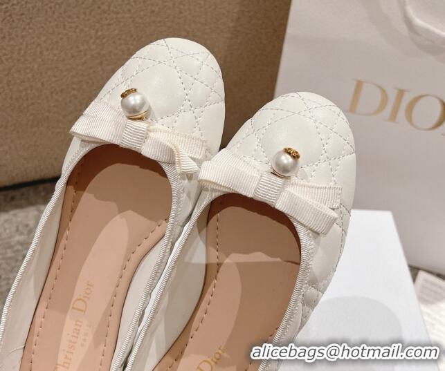 Good Quality Dior Ballet Flat in Quilted Cannage Calfskin with Pearl Bow White 1231098