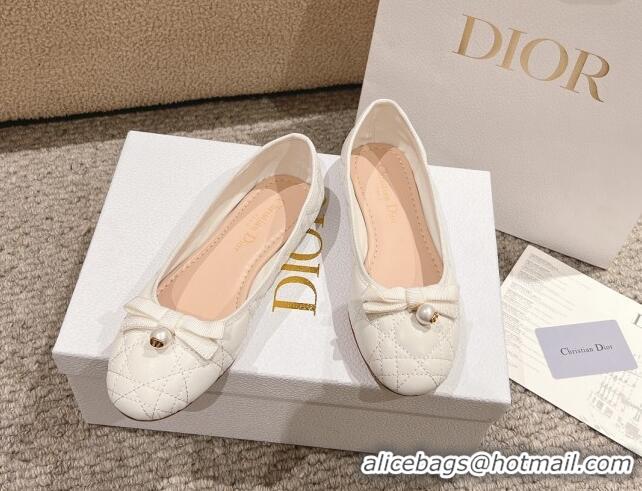 Good Quality Dior Ballet Flat in Quilted Cannage Calfskin with Pearl Bow White 1231098