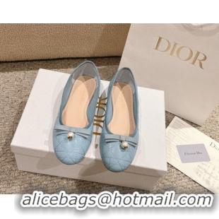 Low Price Dior Ballet Flat in Quilted Cannage Calfskin with Pearl Bow Light Blue 1231099