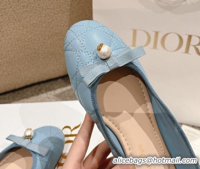 Low Price Dior Ballet Flat in Quilted Cannage Calfskin with Pearl Bow Light Blue 1231099