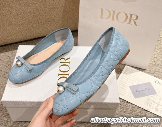 Low Price Dior Ballet Flat in Quilted Cannage Calfskin with Pearl Bow Light Blue 1231099