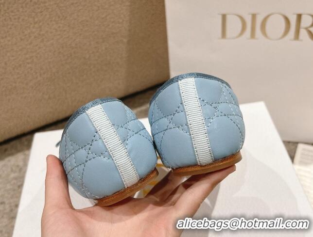 Low Price Dior Ballet Flat in Quilted Cannage Calfskin with Pearl Bow Light Blue 1231099