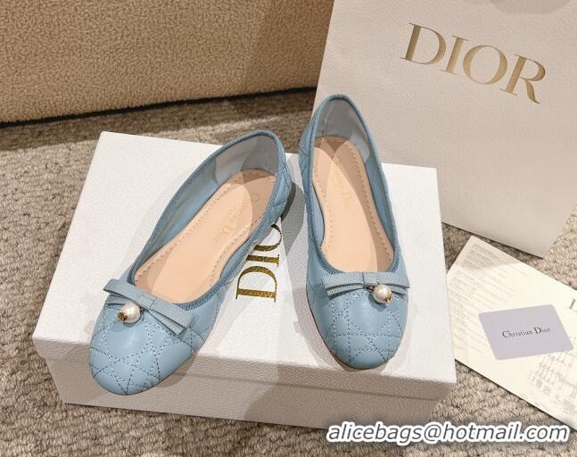 Low Price Dior Ballet Flat in Quilted Cannage Calfskin with Pearl Bow Light Blue 1231099