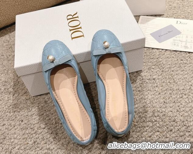 Low Price Dior Ballet Flat in Quilted Cannage Calfskin with Pearl Bow Light Blue 1231099