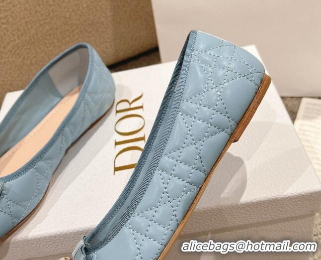 Low Price Dior Ballet Flat in Quilted Cannage Calfskin with Pearl Bow Light Blue 1231099