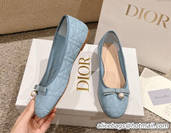 Low Price Dior Ballet Flat in Quilted Cannage Calfskin with Pearl Bow Light Blue 1231099