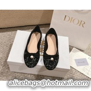 Unique Style Dior Ballet Flat in Quilted Cannage Tweed with Pearl Bow Black 1231100