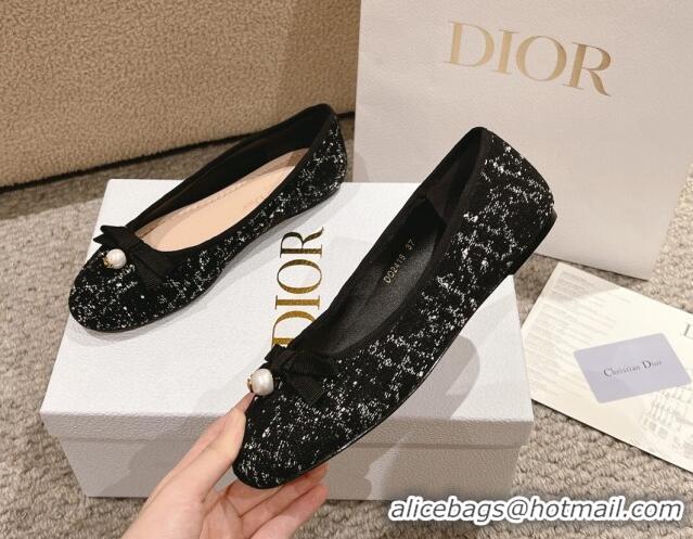 Unique Style Dior Ballet Flat in Quilted Cannage Tweed with Pearl Bow Black 1231100