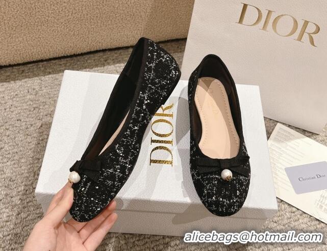 Unique Style Dior Ballet Flat in Quilted Cannage Tweed with Pearl Bow Black 1231100