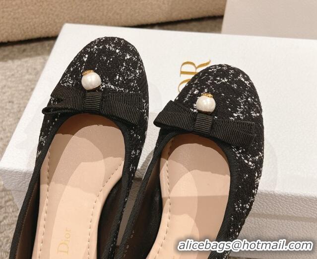 Unique Style Dior Ballet Flat in Quilted Cannage Tweed with Pearl Bow Black 1231100