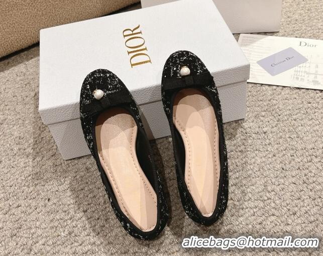 Unique Style Dior Ballet Flat in Quilted Cannage Tweed with Pearl Bow Black 1231100