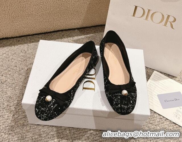 Unique Style Dior Ballet Flat in Quilted Cannage Tweed with Pearl Bow Black 1231100