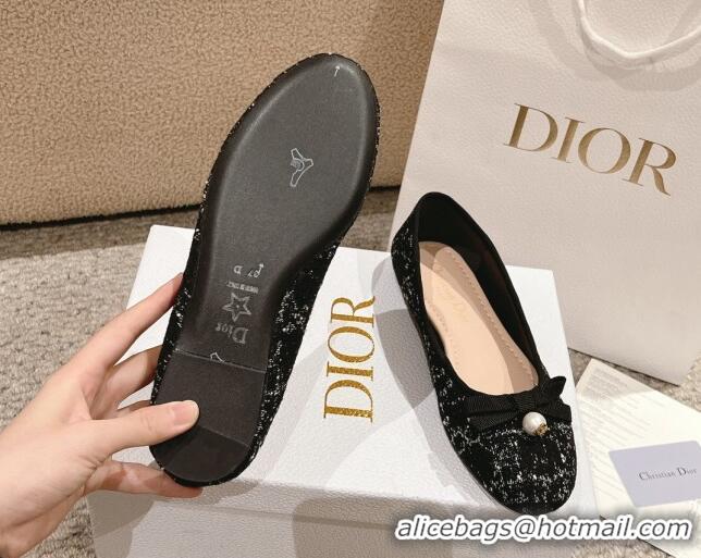 Unique Style Dior Ballet Flat in Quilted Cannage Tweed with Pearl Bow Black 1231100