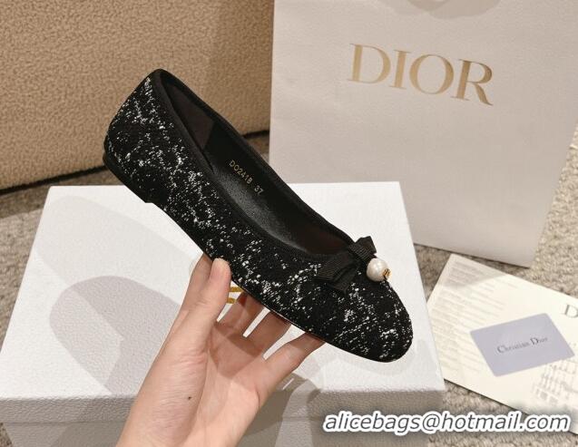 Unique Style Dior Ballet Flat in Quilted Cannage Tweed with Pearl Bow Black 1231100