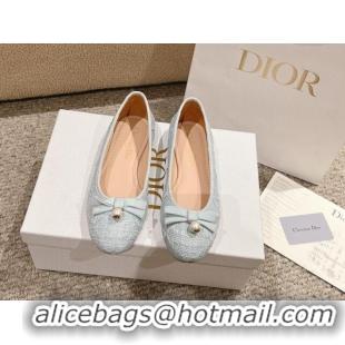 Purchase Dior Ballet Flat in Quilted Cannage Tweed with Pearl Bow Light Blue 1231101