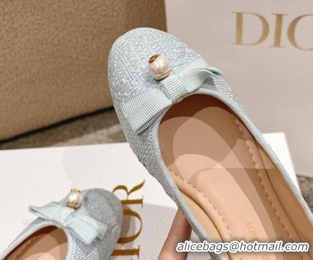 Purchase Dior Ballet Flat in Quilted Cannage Tweed with Pearl Bow Light Blue 1231101