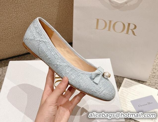 Purchase Dior Ballet Flat in Quilted Cannage Tweed with Pearl Bow Light Blue 1231101