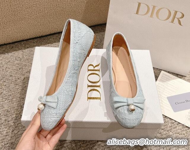 Purchase Dior Ballet Flat in Quilted Cannage Tweed with Pearl Bow Light Blue 1231101